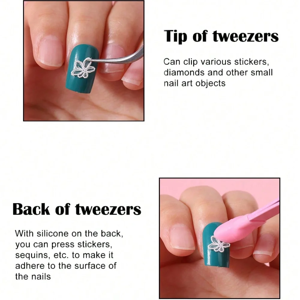 1pcs Blue Gradient Crackle Nail Art Tweezers - Stainless Steel Angled Precision Tool for Rhinestones, Charms & Nail Decorations