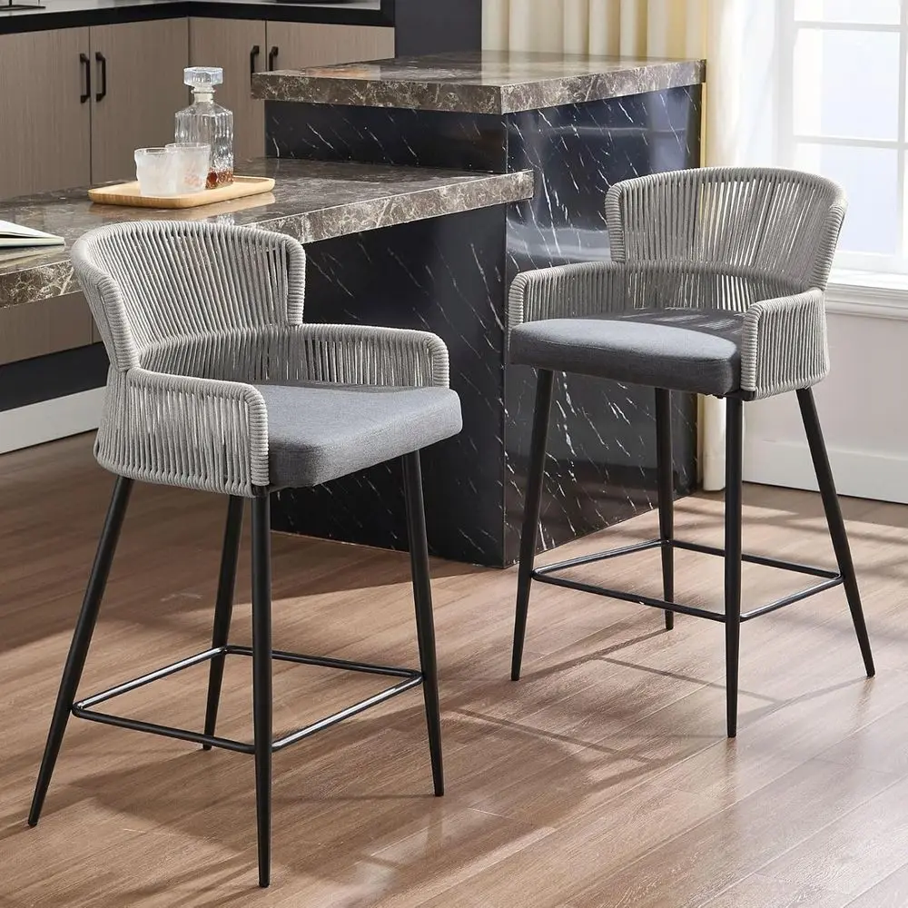 

Linen Upholstered Wicker Back Counter Height Stools Set of 2, 26 Inch, Grey for Kitchen Island or Patio