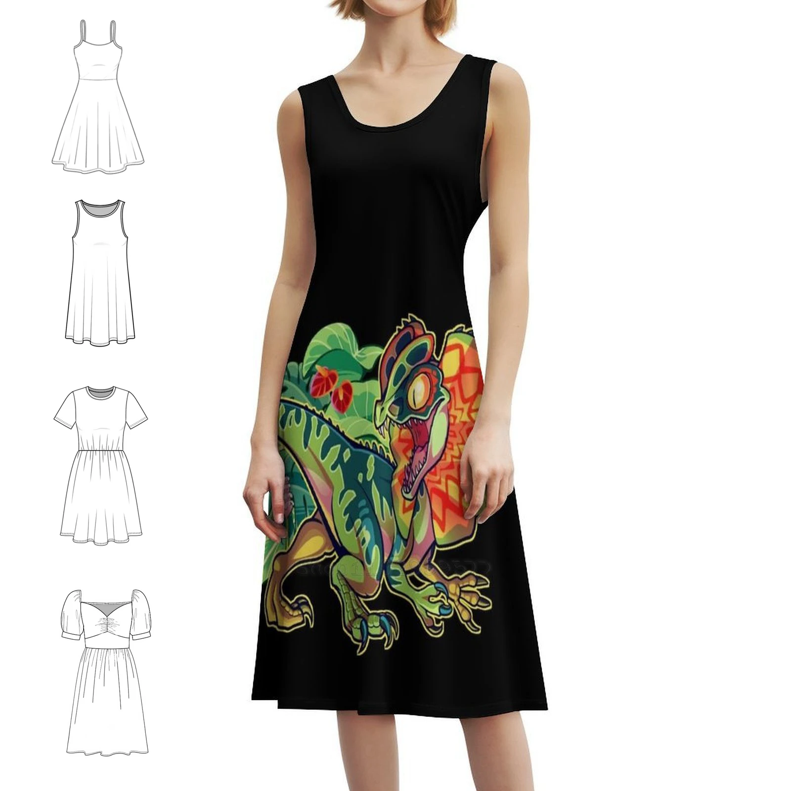 Dilophosaurus فستان بفتحة عنق على شكل قلب فستان أنيق للحفلات الصيفية للنساء Dilophosaurus ديناصور الديناصورات دينو أنثى #1