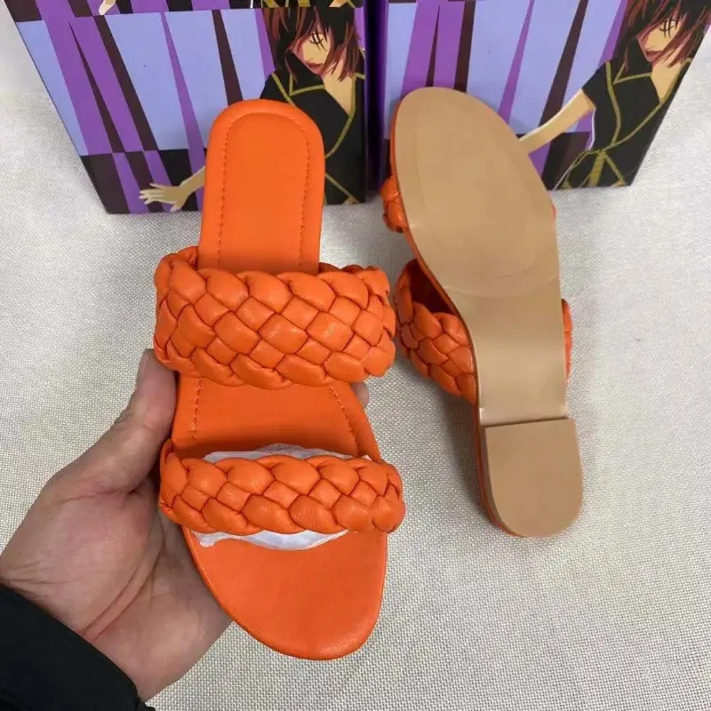Summer Double Braid Modern Sandals Women 2024 New Flat Slides Leather Fashion Casual Slip on Woman Outdoor Beach Shoes