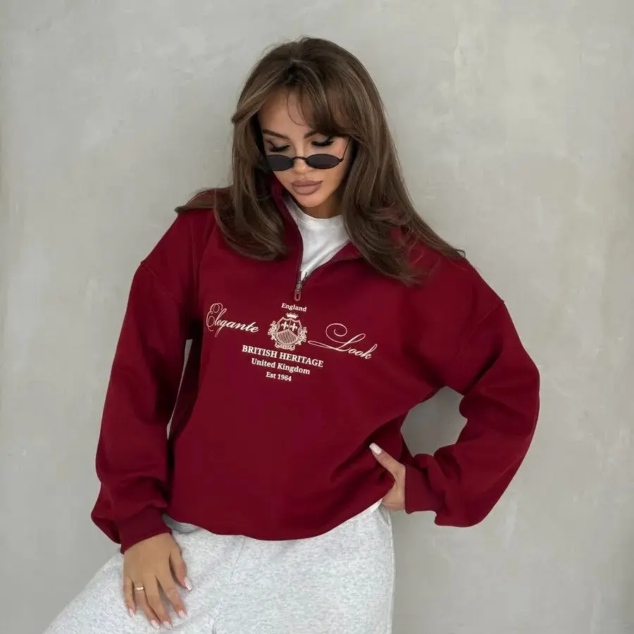 British Style Retro Lapel Shirts Zipper Turn-down Collar Sweatshirt Loose Leisure Autumn Top Elegant Women Large Size Streetwear