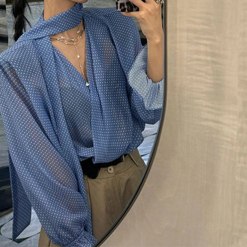 

2025Spring New French Style Unique and Beautiful Elegant Long Sleeve Top RibbonvWomen's Blue Polka Collar Shirt
