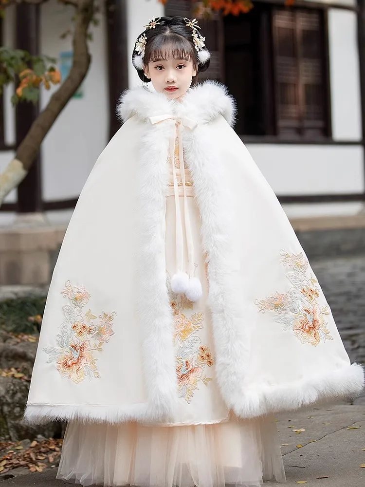 Girls Fairy Hanfu Children Warm Tang Suit Kids Winter Plus Velvet Embroidery Party Dress With Cloak Chinese New Year's Clothing