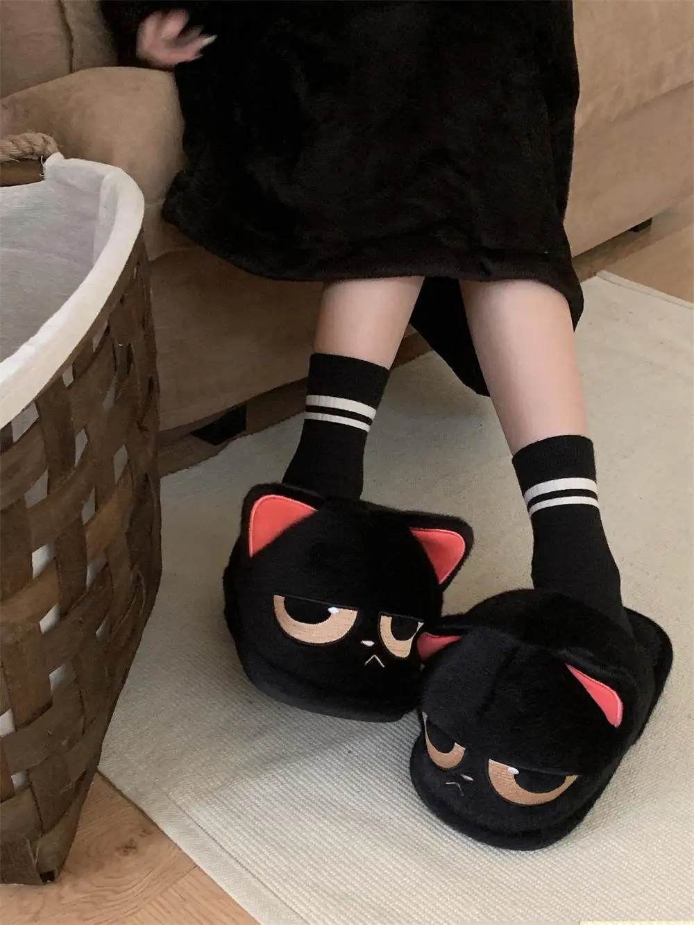 Ins Angry Black Cat Cotton Home Shoes For Men And Women Indoor Household Flat Bottom Anti Slip Autumn And Winter Couple Slippers