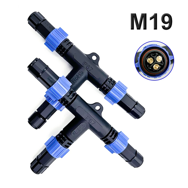 M19 Self-locking Tee Waterproof Connector 2Pin T-type Plug 20A Large Current Assembled Joint 3Pin Weld Male Female Head