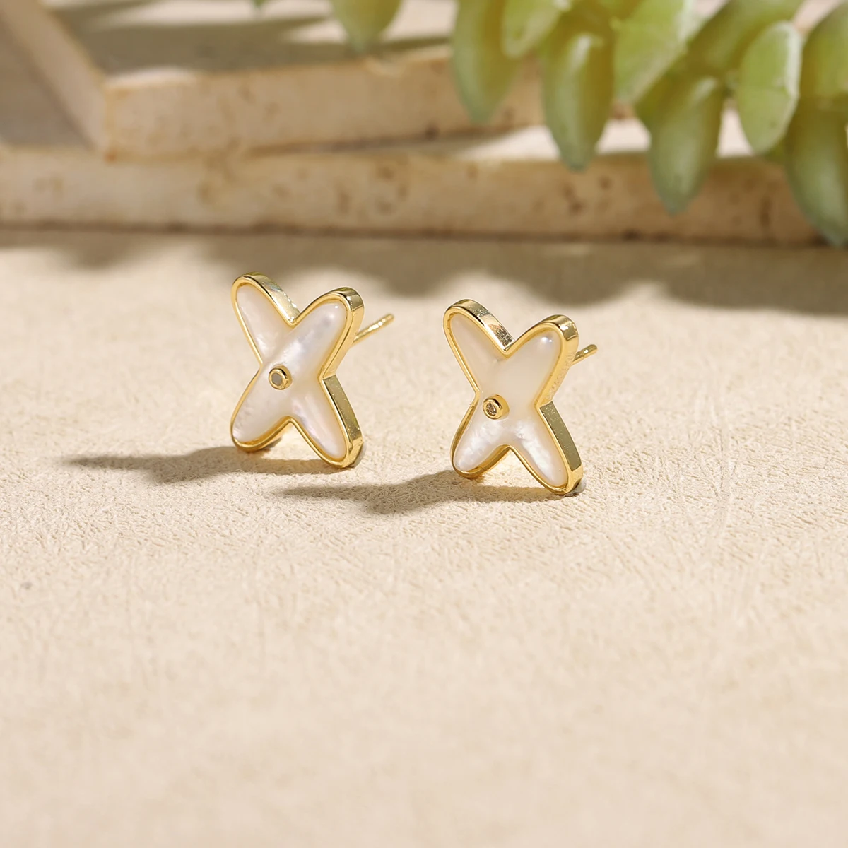 Minimalist 18K Gold Plated X-Shape Stud Earrings for Women, Natural White Shell Inlay, Dainty Geometric Jewelry