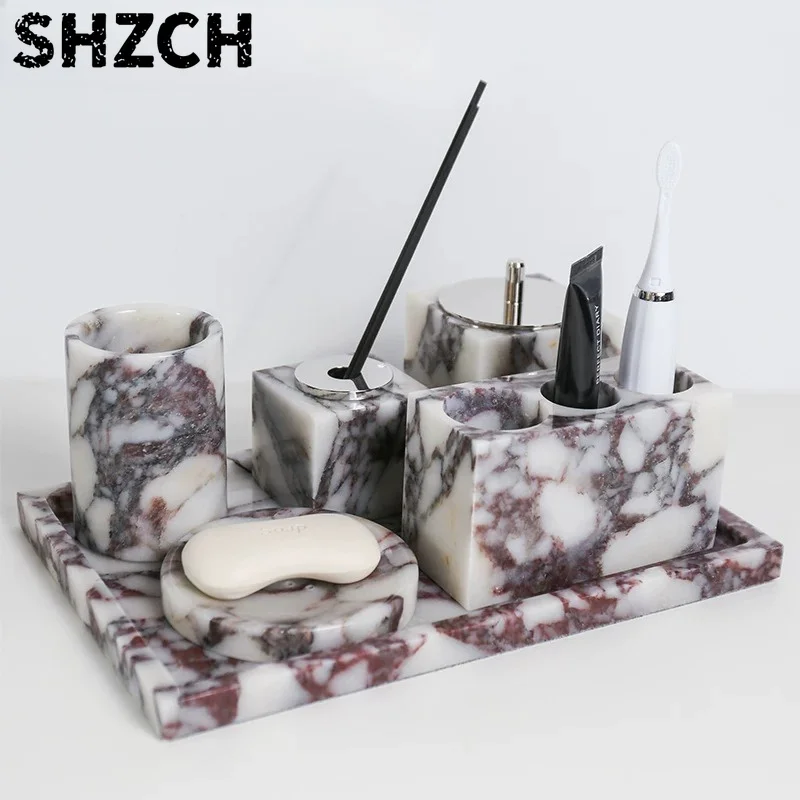 Luxury Natural Marble Tray, Toothbrush Holder & Soap Dispenser Stand, Vanity Skin Lotion Organizer, Shower Bath Storage Caddy