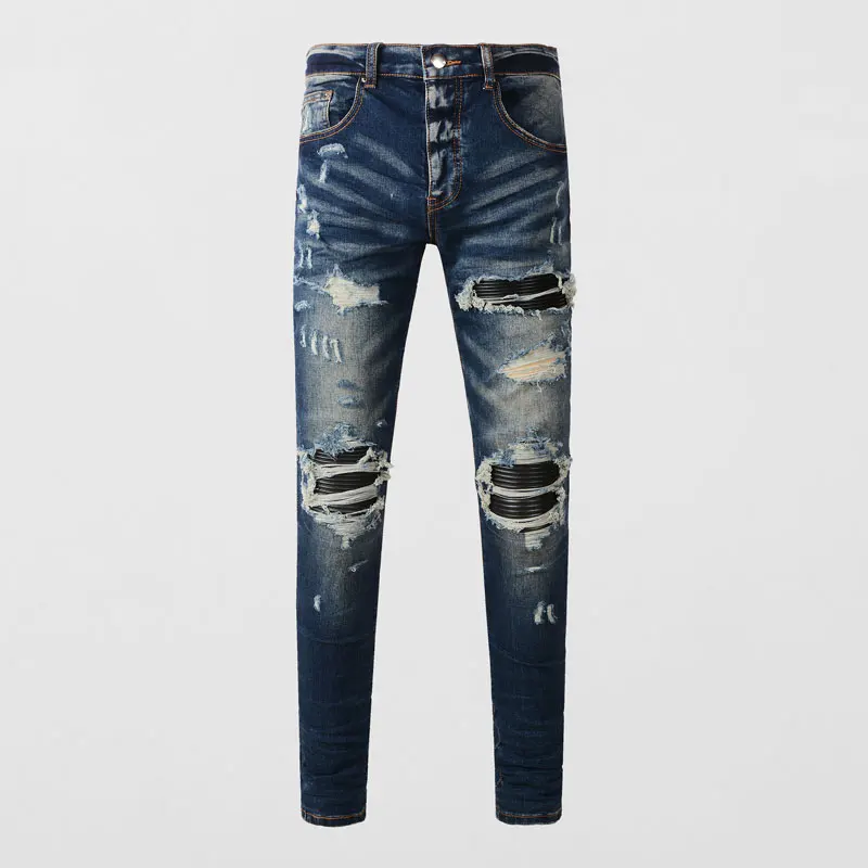 Fashionable men's slim fit ripped patch deep blue jeans elastic high street hip-hop style brand pants Y2K