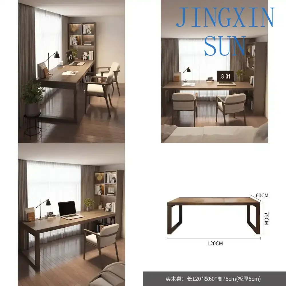 Solid Wood Study Desk with Bookshelf Bookcase Integrated Writing Desk for Students Home Office Double Workbench Side by Side