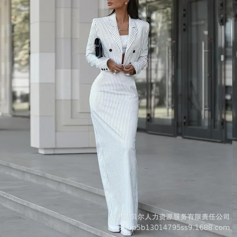 Two Piece Sets Striped Women Turn Down Collar Full Sleeve Short Coats Top Casual Long Skirt Set Splice Autumn Winter 2023