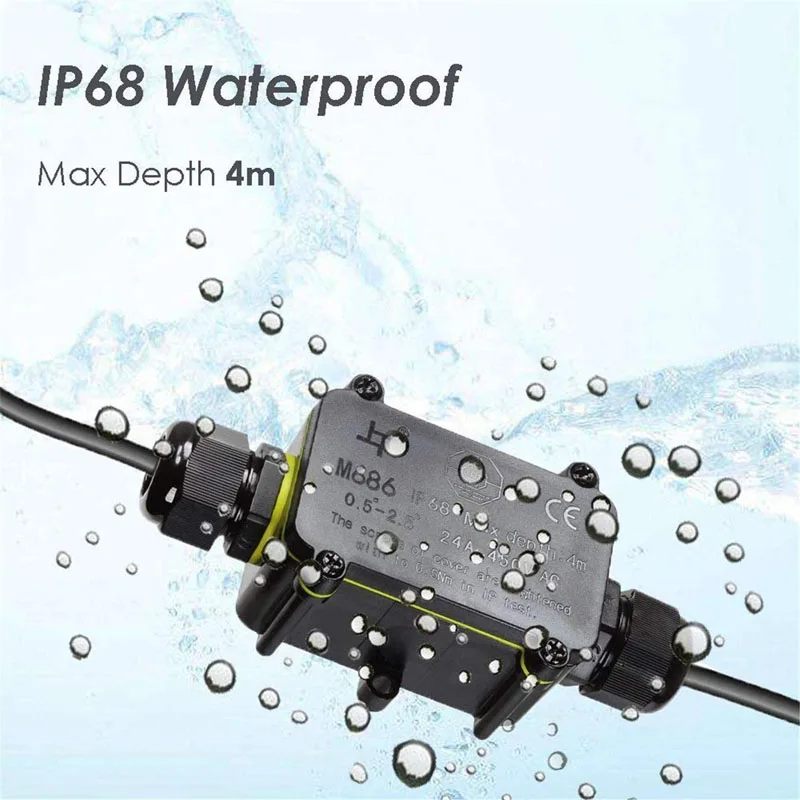 2 Way Waterproof Junction Box 3 Way 6-12mm Connector Gland Electrical 24A 450V Sealed Retardant Outdoor Waterproof Box IP68