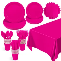 Hot Pink Party Supplies Disposable Solid Rosy Super Girls Party Decorations Paper Plates Cups Napkins for Wedding Holiday Decor