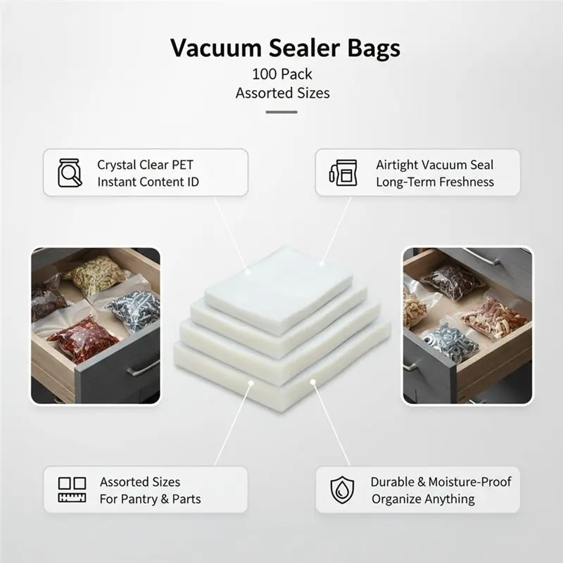 Fine Workmanship Vacuum Sealer Bags(100-Pack)- 6X8 Inch, 15X20cm Clear Compression Storage Containers For Food For Meat Veggies