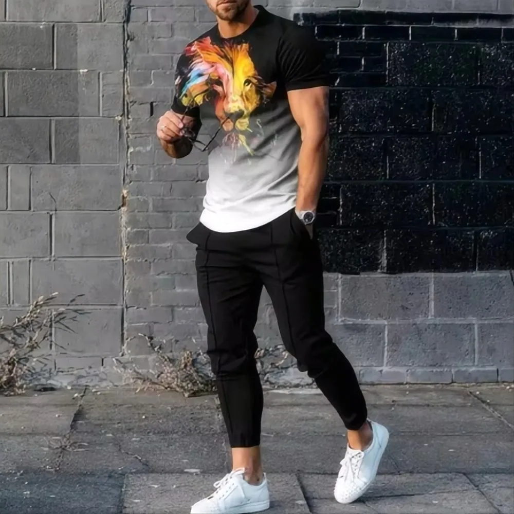 Fashionable new men's summer animal print breathable round neck T-shirt and pants set outdoor comfortable two-piece set