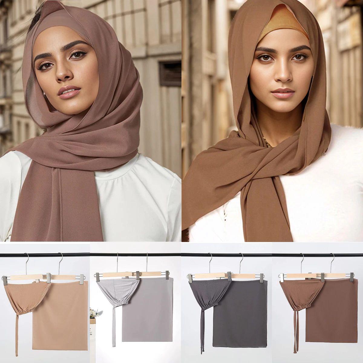 2 Pcs Set  Solid Color Muslim Chiffon Scarf Hijab Female Islamic Turben Cover Shawls Wraps for Women  Turban Bottom hat