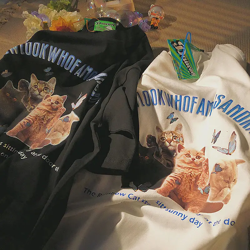 التي شيرت امرأة المتضخم القمم 2022 ريترو لطيف القط طباعة المرأة تي شيرت الأوروبي قصيرة الأكمام س طوق فضفاض دنة الإناث تي شيرت
