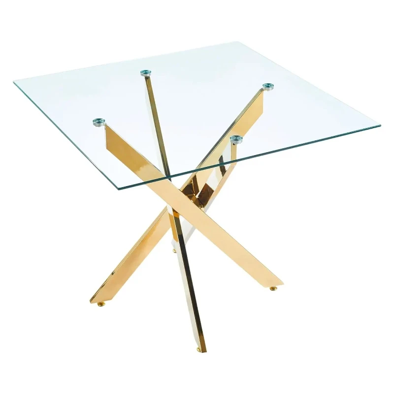 Modern Square Dining Table Chrome Cross Metal Leg Tempered Glass Top Kitchen Living Room 90x90x75 cm