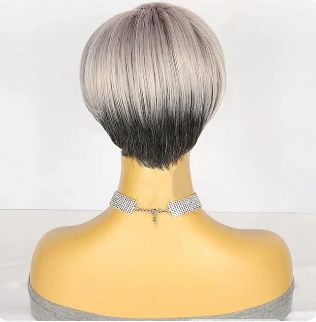 Short Straight Ombre Black Silver Gray Wigs Synthetic  Women Natural for Daily Party Cosplay