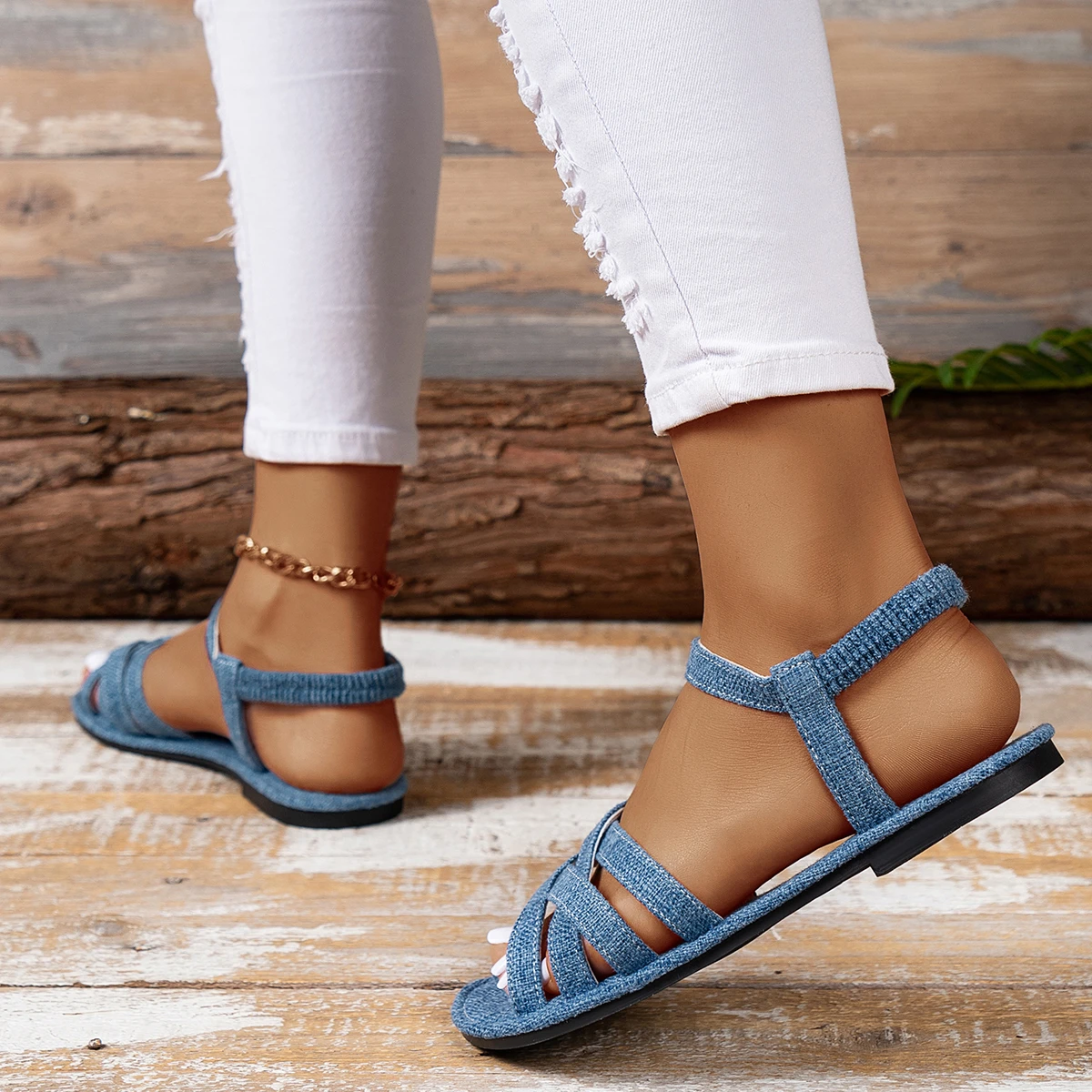 LazySeal Blue Denim Fashion Women Flat Heel Sandals Elastic Band Summer Shoes For Woman Sweet Summer Casual Shoes Plus Size 43