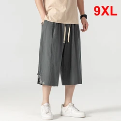 Summer Calf-length Pants Men Loose Linen Pants Plus Size 9XL Summer Short Pants Male Solid Color Bottom Big Size 9XL