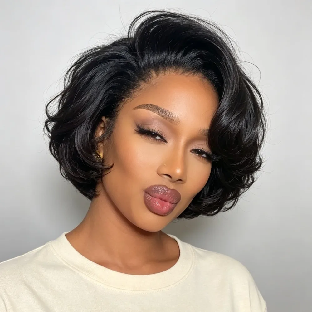 Brazilian Human Hair Pixie Cut Wig 13x4 HD Lace Front Straight Short Bob 180 Density Natural Black Glueless Design Breathable