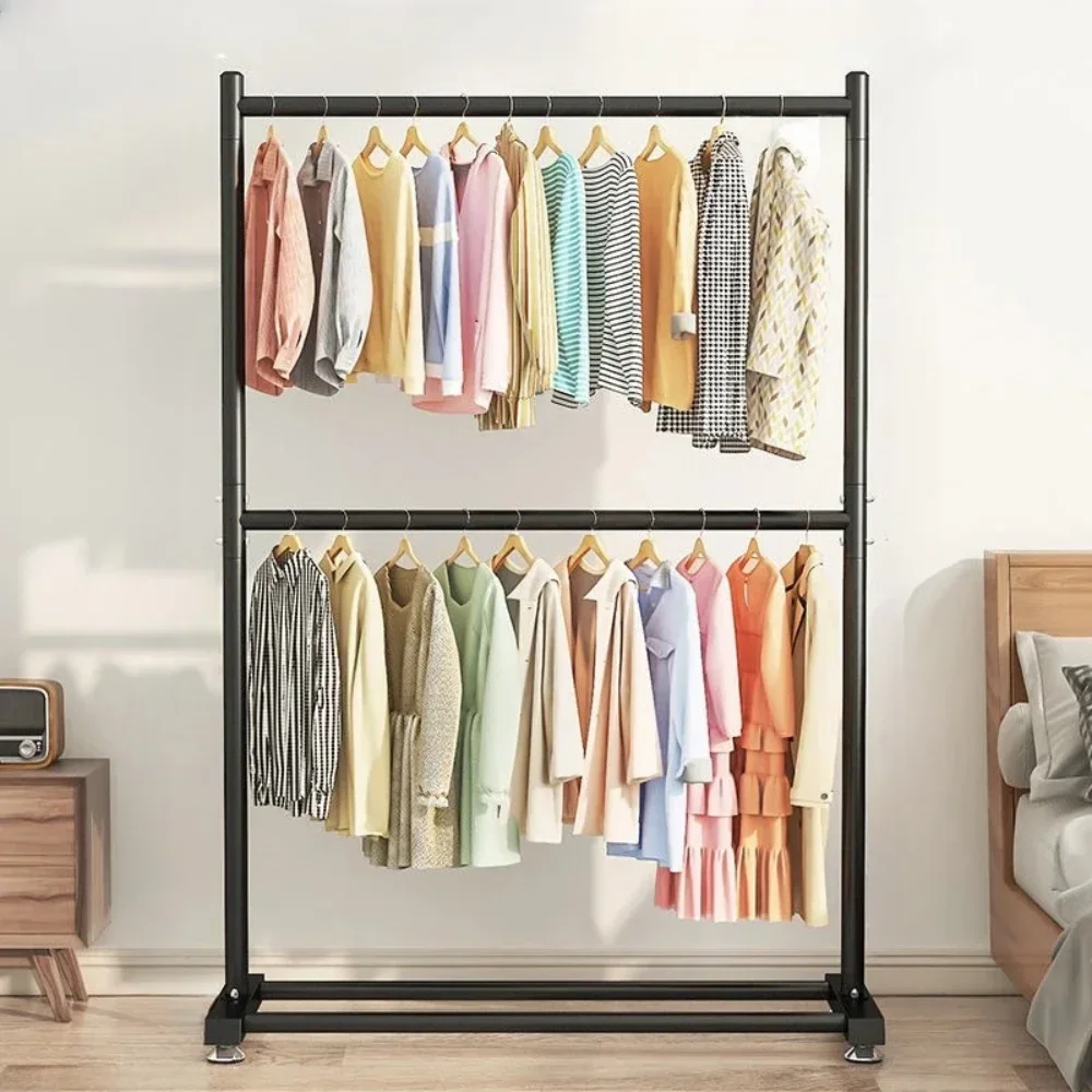 Rolling Clothes Rack Standing Foldable Double Rods Garment Rack Coat Clothe Rack Floor Standing Bedroom Household Clothe Shelf