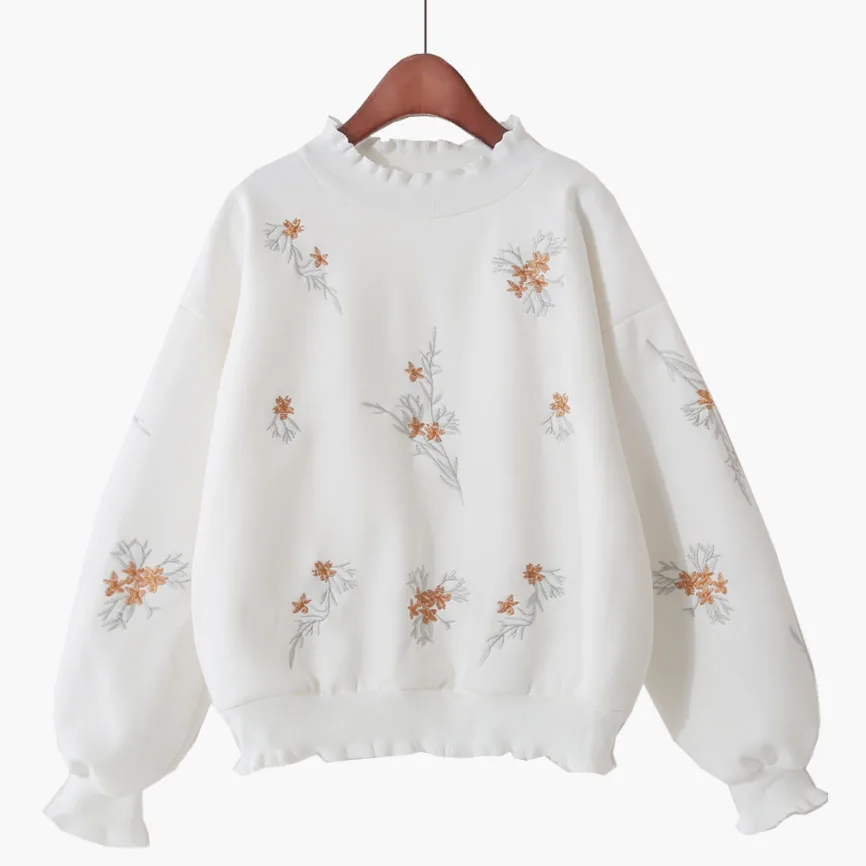 女性の花の刺繍セーターとプルオーバー、ランタンスリーブ、フリル、ルーズ、厚手の暖かいプル、冬のアウター、コートトップス