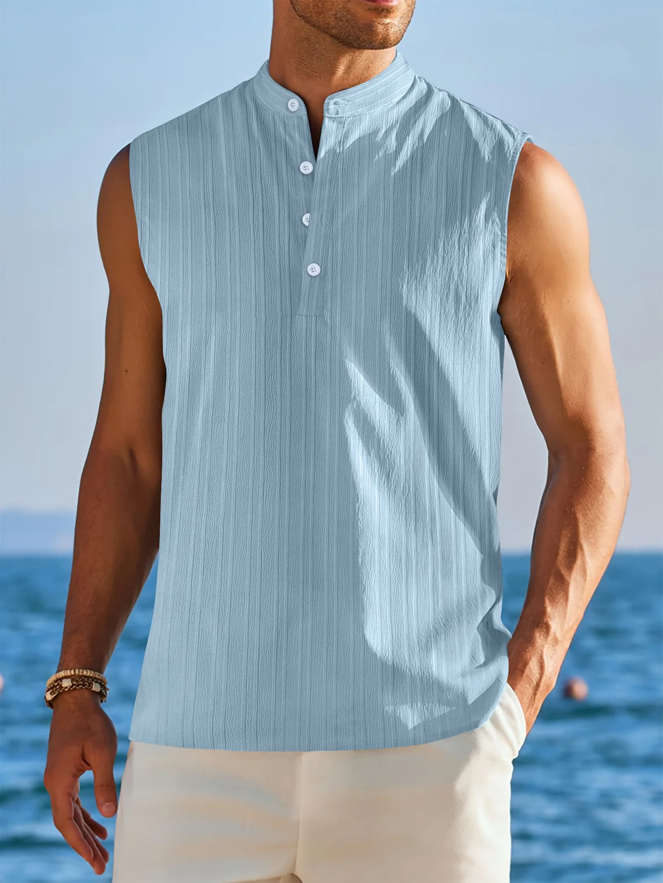 

Summer new men's striped solid-color button-down baseless sleeveless shirt for casual outdoor and beach wear