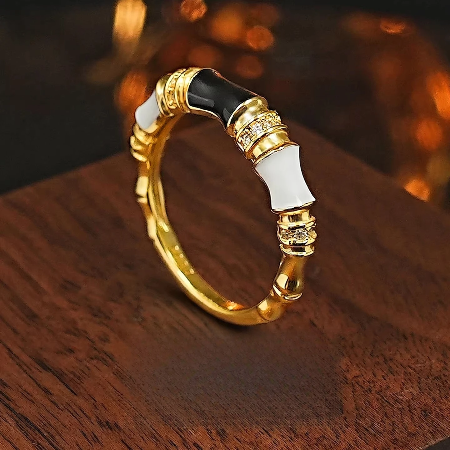 

S925 Silver Ring Black and White Bamboo Knot Enamel New Chinese Retro Ring Finger Jewelry