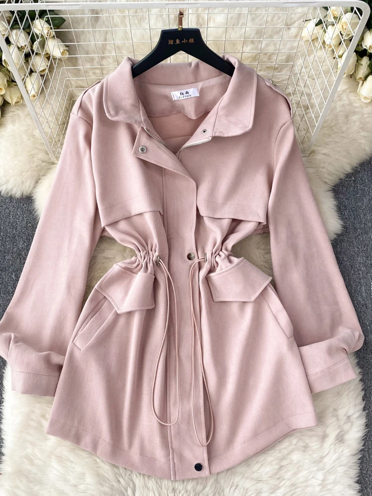 New Women Casual Coat Autumn Winter Drawstring Slim A-line Short Trench Coat Ladies Korean Chic Jacket