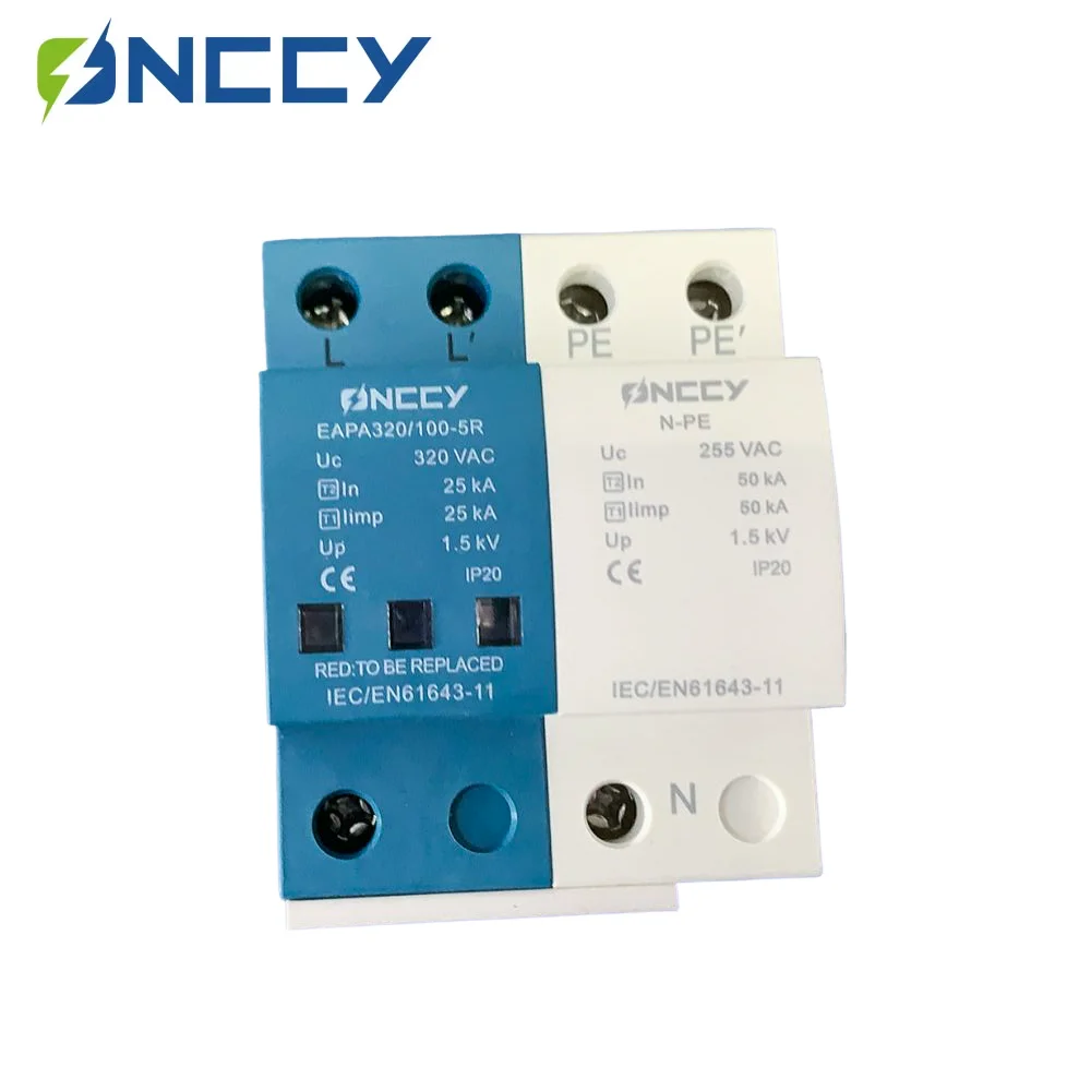 ONCCY 1+NPE AC Surge Protector 100KA，T1+T2 AC SPD, 3 phase surge protector AC275V 320V 385V 440V,  with alarm contact