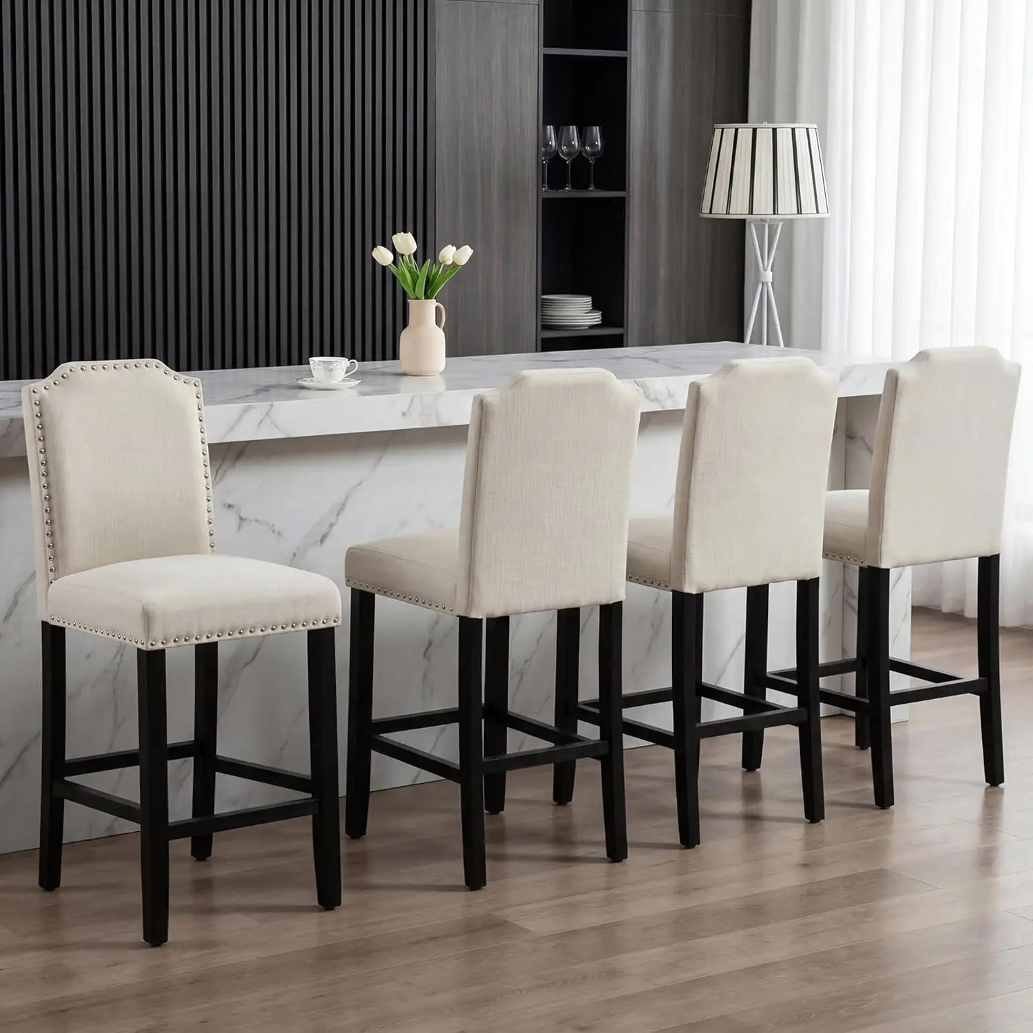 

24" Counter Height Bar Stool Fabric Seat Solid Wood Legs Set Of 4 Vintage Kitchen Island Beige Linen 4PCS, Customized