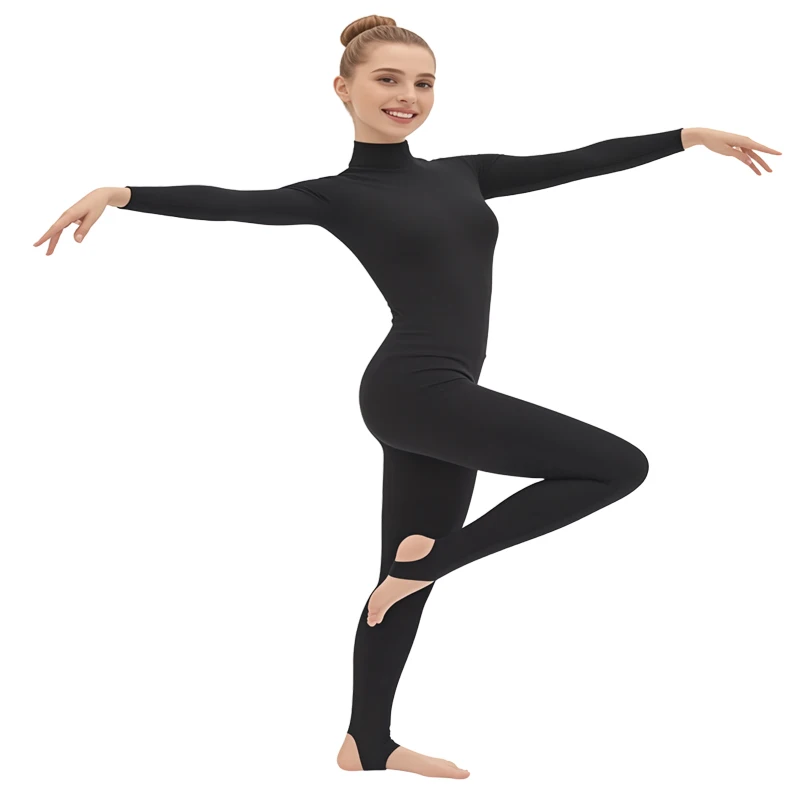 

Women’s Black Long - Sleeve Turtleneck Stretch Bodysuit for Outdoor Dance & Fitness