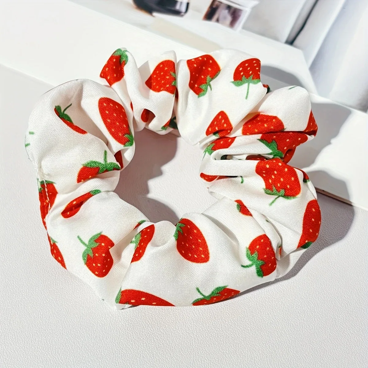 1pc/2pcs cute strawberry cherry print headband soft elastic large intestine hair ring, sweet female ponytail hair rope headpiece view 4