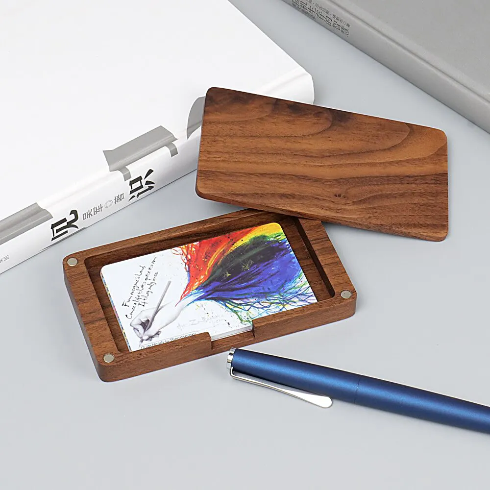 Walnut Wooden Business Card Holder Mens Portable ID Name Tag Box Solid Wood Credit Cards Cases Square Magnetic Buckle Boxes