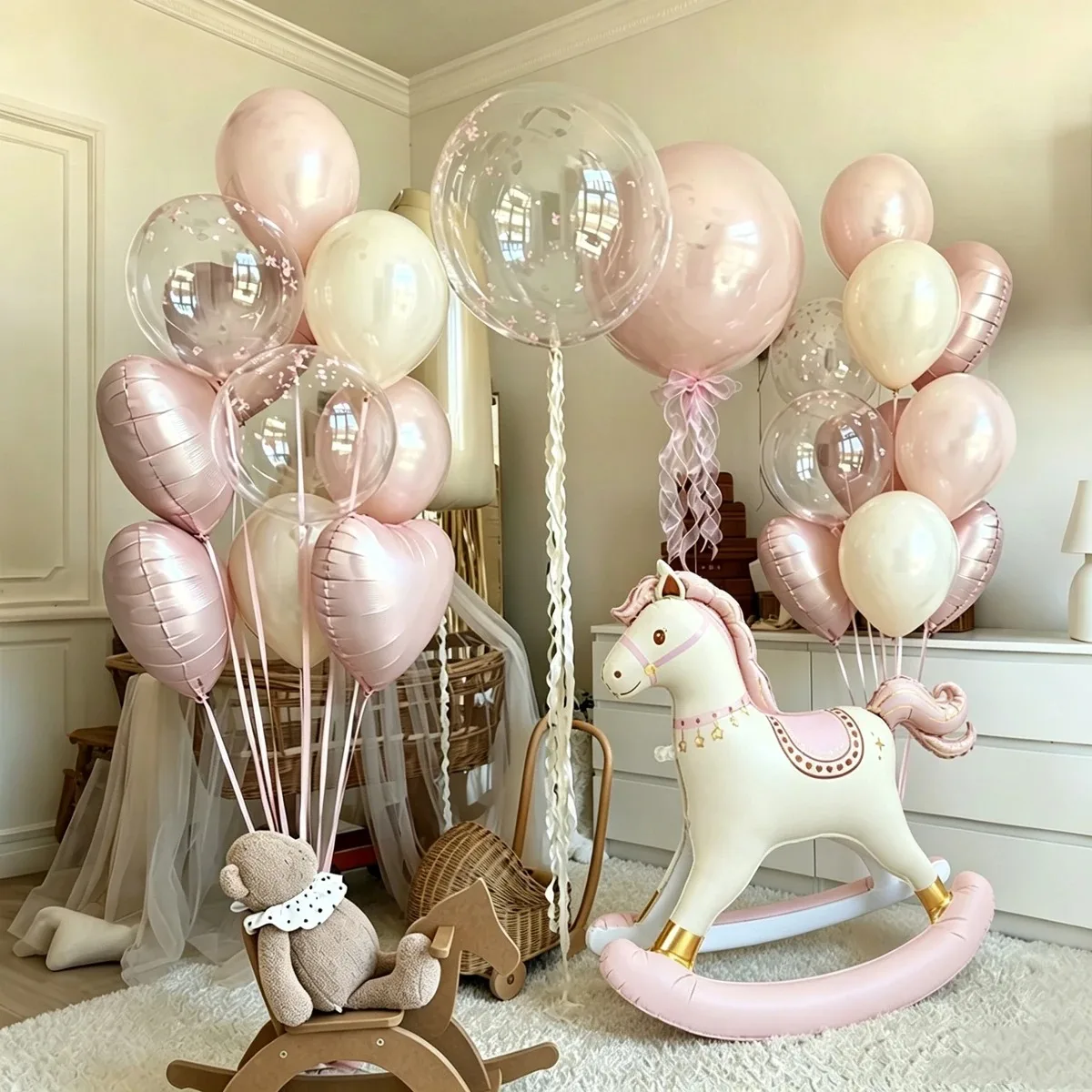1 Set Rosa Trojanisches Pferd Ballon Schmetterling Schüttelpferd Folienballon Rosa Herzballon für Geburtstagsfeier, Babyparty, Dekoration, Geschenke