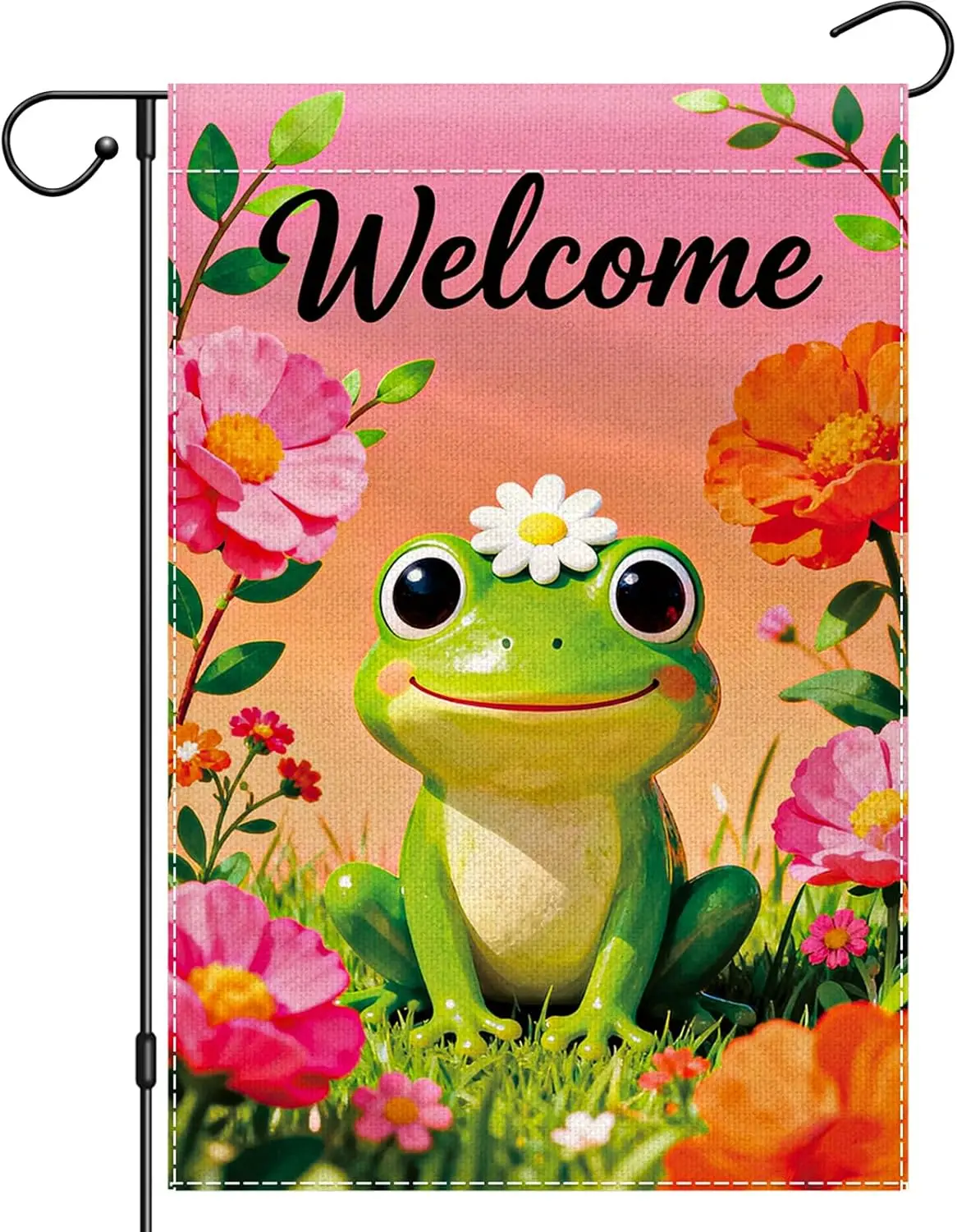 Spring Summer Frog Garden Flag 12x18 Inch Double Sided, Colorful Florals Yard Flags for Outside, Seasonal Small Burlap Banne AAS