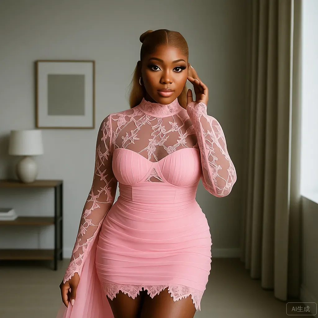 

Eye Catching Pink Lace Women Mini Dresses With Side Overlay Sexy Sheath Hi-Neck Long Sleeve African Short Dress To Party Custom