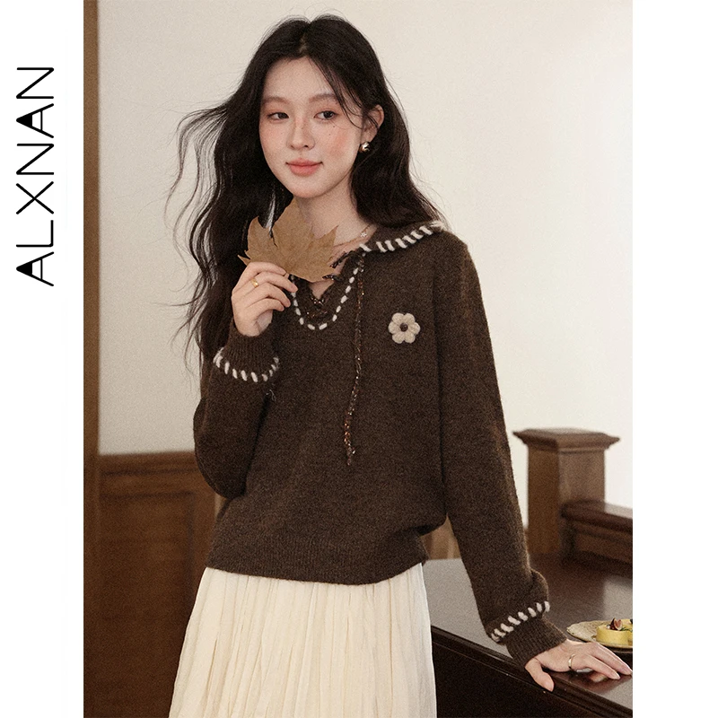 

ALXNAN Brown Sweaters Sailor Collar Drawstring 3D Flower Color-blocking Knitted Pullovers Loose-fit Casual Woman's Tops L57862