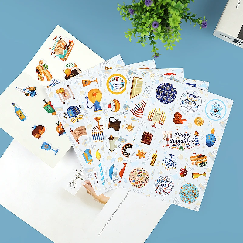 

6/12pcs Cartoon Hanukkah Theme Candle Sealing Stickers Chanukah Round Gift Box Label For Jewish Happy Hanukkah Party Decorations