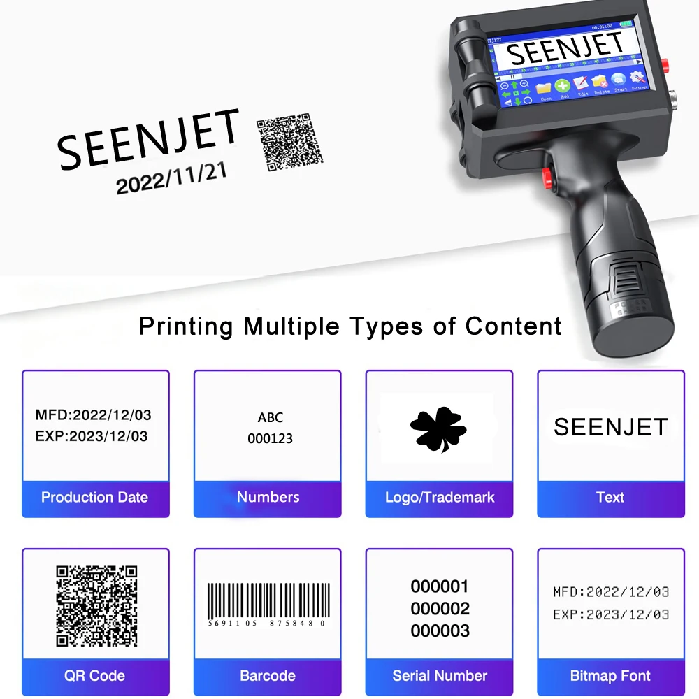 SEENJET 12.7mm Date Coding Machine Handheld Inkjet Printer Portable Expire Production Number QR Code Logo Printer Fast Drying