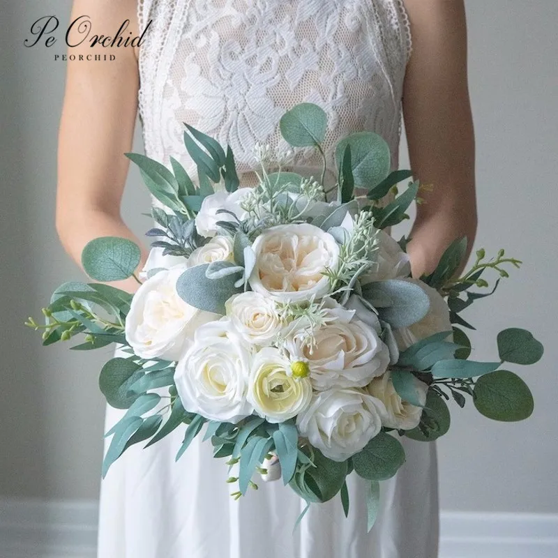 

PEORCHID Boho Bridal Bouquet Ivory White Peony and Roses Beach Dusty Greenery Wedding Flowers For Bridesmaid Bouquet Custom Made