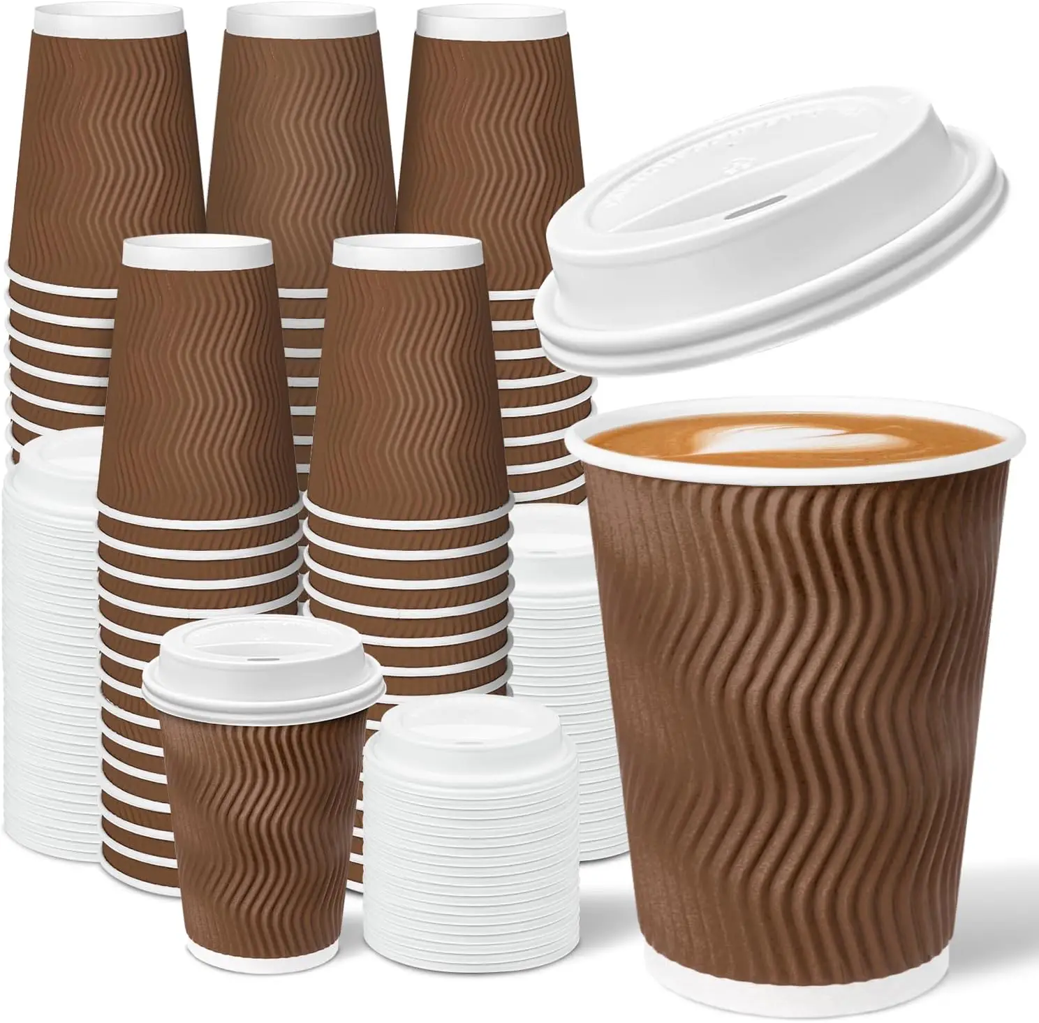 

100 Pack 12 oz Brown Disposable Insulated Coffee Cups with Lids - Ripple Wall Hot Paper To-Go Cups for Coffee, Tea, Coco
