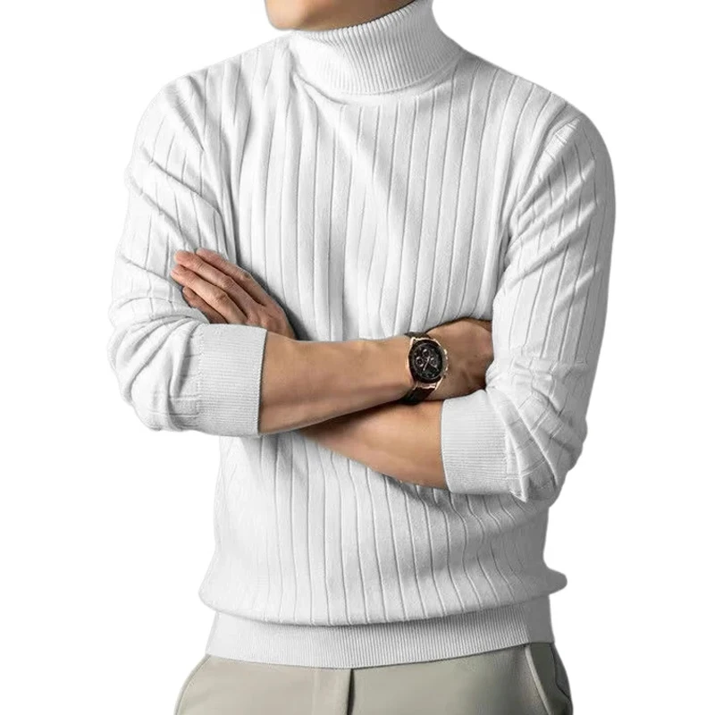 Men's Casual Striped Turtleneck Pullover Warm Knitted Sweater Soft Wool Blend Basic Tops Comfortable Outdoor Daily Knitwea