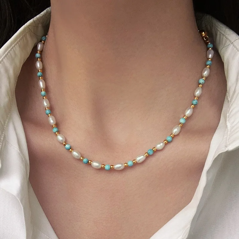 Minar Boho Natural Stone Kallaite Rice Freshwater Pearl Beads Beaded Necklace for Women Gold Plated Magnet Ball Strand Chokers