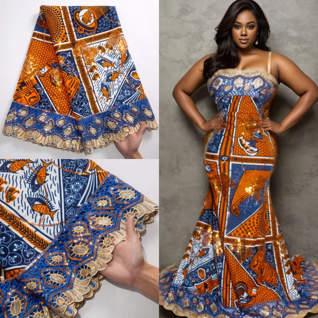 New Design Sequins African store Wax with Lace Fabric Embroidery Dubai Style High Quality Nigerian Wedding Bridal Dress