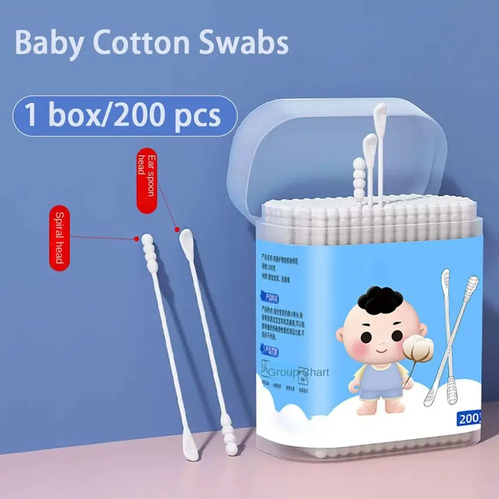 200 pcs Dual Tips Baby Cotton Swab Soft Degreasing Cotton Extra Thin Stem Sterile Cotton Buds Ear Wax Spoon Young Children
