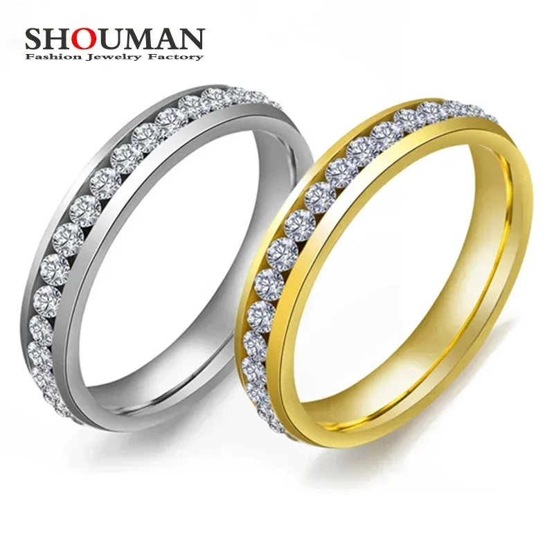 SHOUMAN  4mm Classic Luxury Crystal Inlay Stainless Steel Gold Rings for Women Girl Wedding Band Charm Party Gift