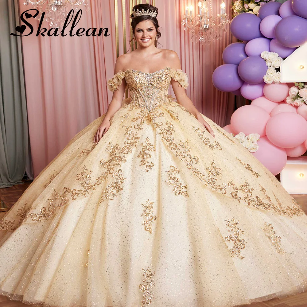 فساتين Quinceanera الفاخرة من Skallean لمدة 15 Ans قبالة الكتف مزينة بأحجار الراين وثنيات الأميرة الكرة ثوب مخصص