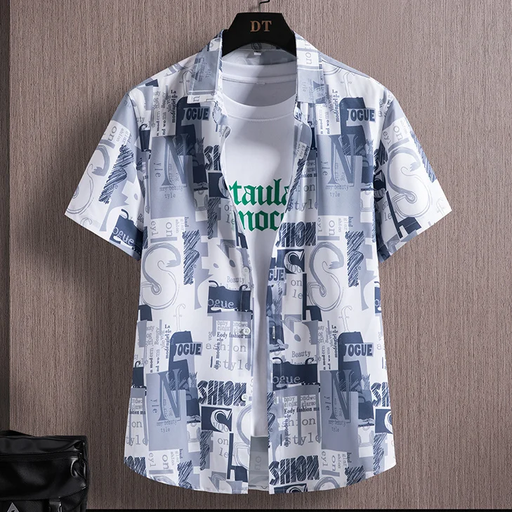 

Cool Print Short Sleeve Shirt Men Summer Business Digital Ice Silk Top